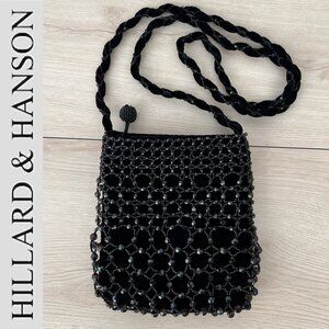 Hillard & Hanson Small Beaded Black Velvet Crossbody Purse Shoulder Bag 7"x6.5"